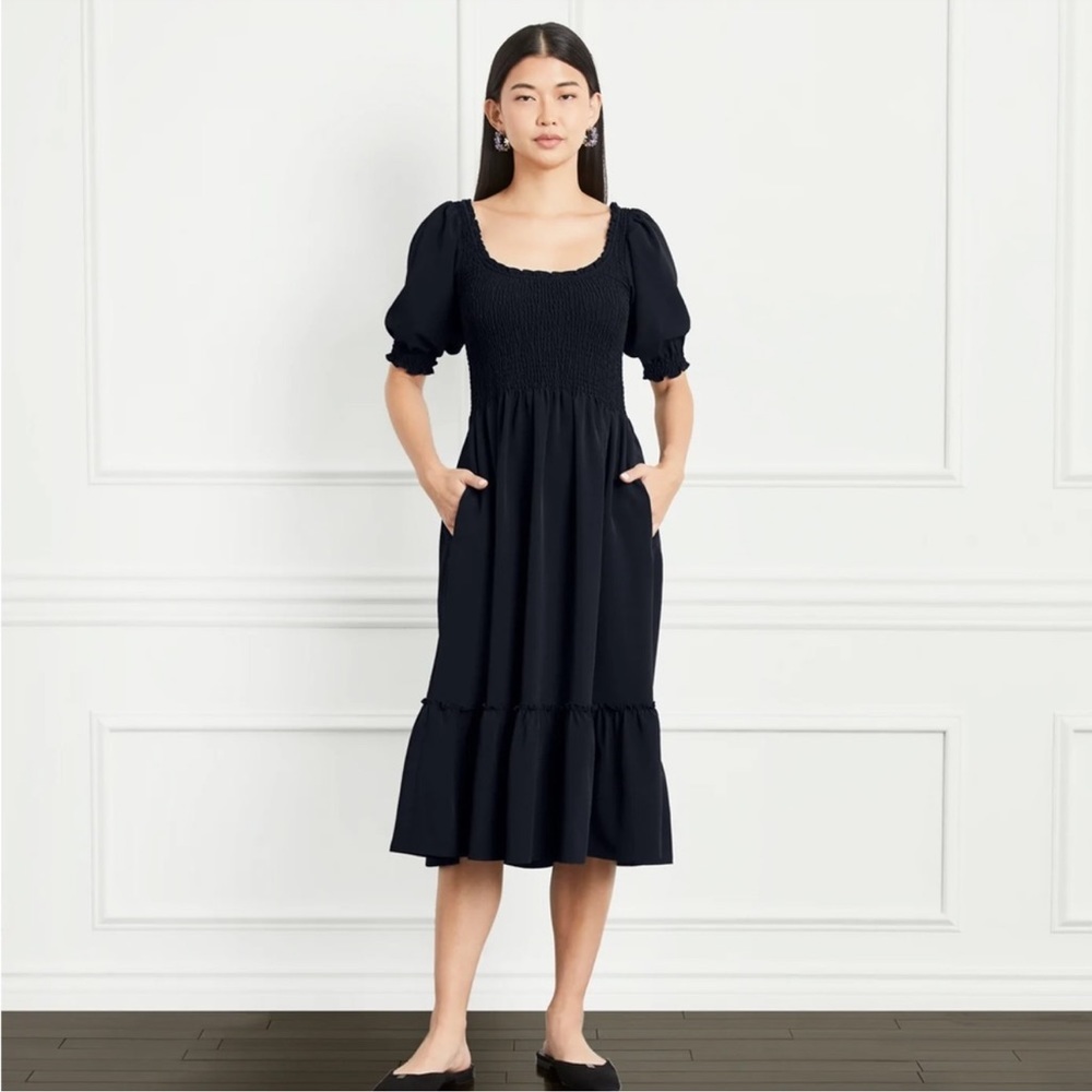HILL HOUSE Black Smocked Puff Sleeve Midi The Louisa Nap Dress NWT Size Small